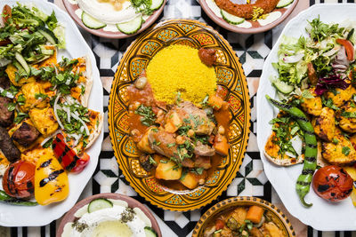 High angle view of meal served on table