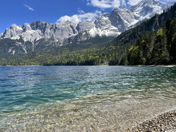 Scenic view of sea and mountains against sky