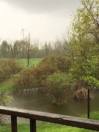 Scenic view of lake by trees against sky
