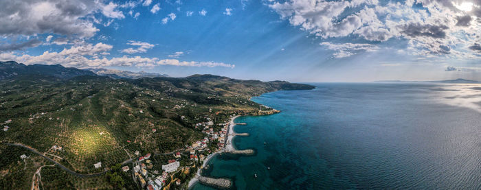 High angle view of bay against sky