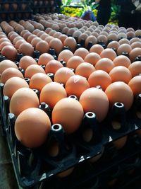 Close-up of eggs in cartons for sale at market stall