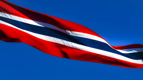 Low angle view of flag against clear blue sky