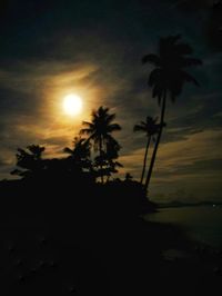 Silhouette palm trees by sea against sky during sunset