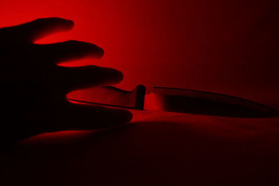 Close-up of silhouette hand against red background