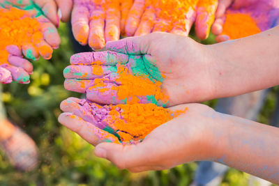 Close-up of hand holding multi colored flower