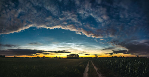 Scenic view of agricultural field against sky during sunset