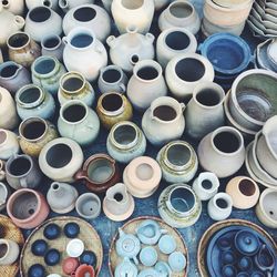 High angle view of various earthen pots for sale at market stall