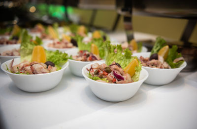 Close-up of food served on table