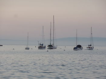 Boat sailing in sea at sunset