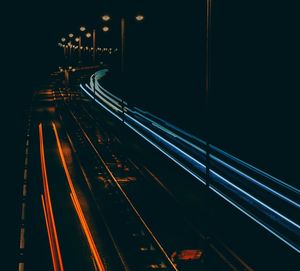 Light trails on railroad track at night