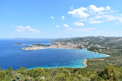 High angle view of bay against sky