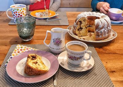 High angle view of breakfast served on table