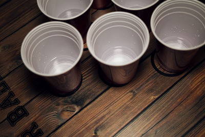 High angle view of wine bottles on table