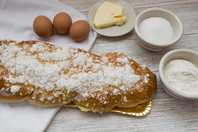 High angle view of breakfast on table