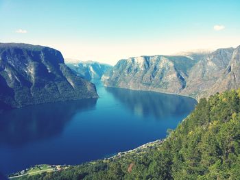 Panoramic view of lake and mountains against sky