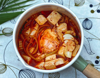 High angle view of food served on table