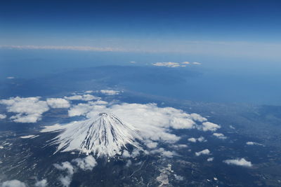 Aerial view of snowcapped mountains against sky