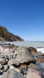 Scenic view of sea against clear blue sky