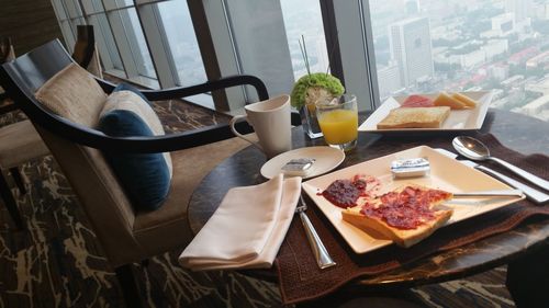 High angle view of breakfast served on table