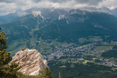 High angle view of land and mountains against sky