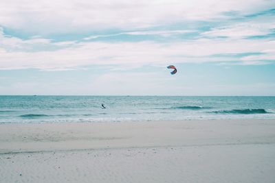 Scenic view of kiteboarder on sea against sky