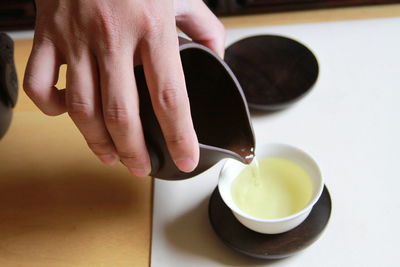 Close-up of hand holding tea cup on table