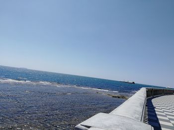 Scenic view of sea against clear blue sky