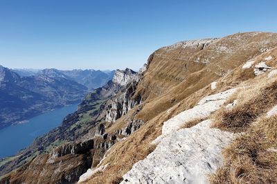 Scenic view of mountains against clear blue sky