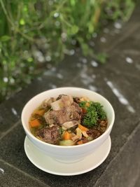 High angle view of food in bowl on table