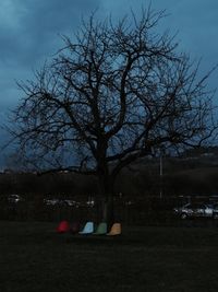 Bare tree on landscape against sky at night