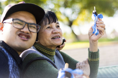 Close-up of mother and son