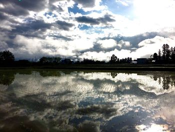 Scenic view of calm lake against cloudy sky