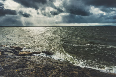 Scenic view of sea against dramatic sky