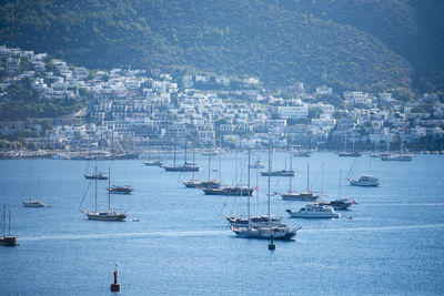 Sailboats sailing in sea against sky