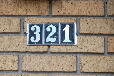 Close-up of numbers on brick wall