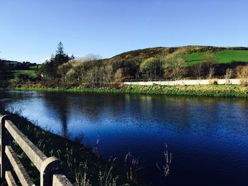 Scenic view of lake against blue sky