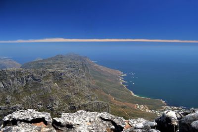 Scenic view of mountains against blue sky