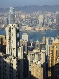 Aerial view of city and buildings against sky