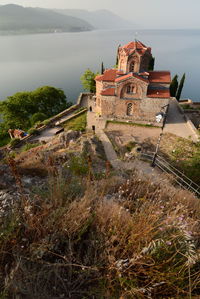 High angle view of building by sea