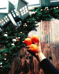 Person holding vegetables on christmas tree