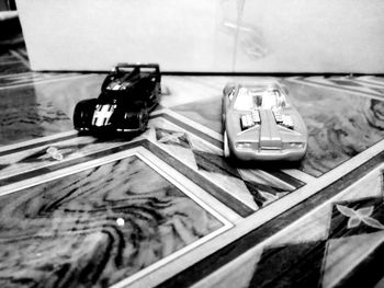 High angle view of toy car on table