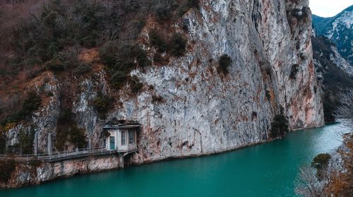 View of rock formations in water