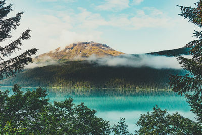 Scenic view of lake and mountains against sky