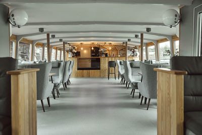 Empty chairs and tables in restaurant