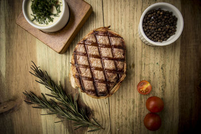 Directly above shot of steak on cutting board