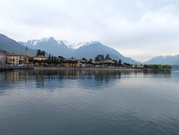 Scenic view of lake against cloudy sky