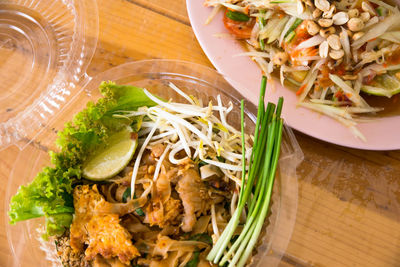 High angle view of padthai seafood in bowl