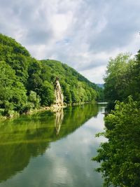 Scenic view of lake by trees against sky