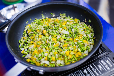 High angle view of chopped vegetables in kitchen