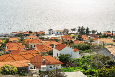 High angle view of houses in town